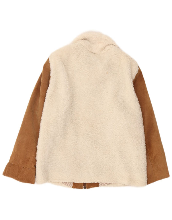 Giacca in pile di pelle da donna vintage UK 14 Pelle color block bianca media