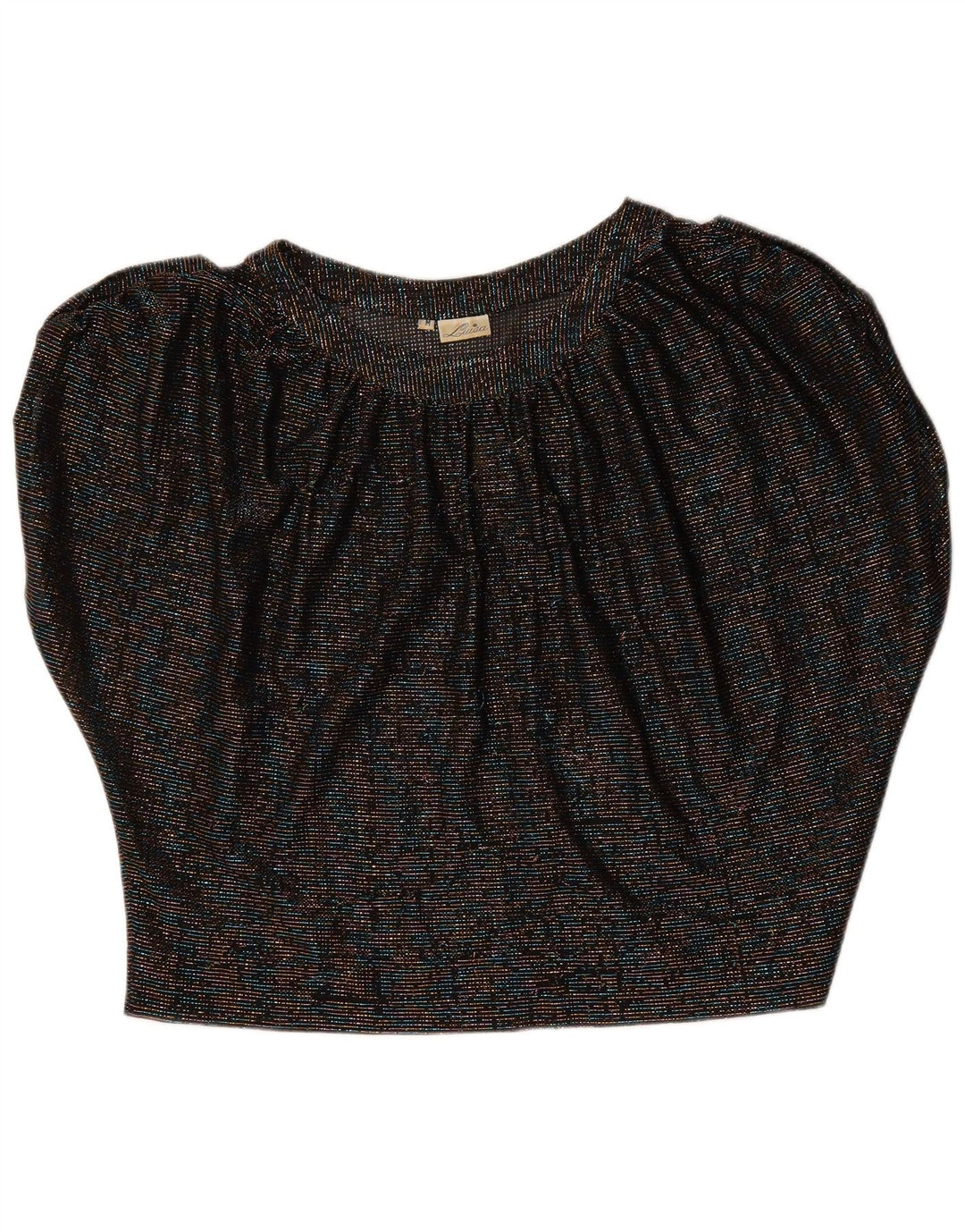 Top in camicetta a pipistrello corto da donna vintage UK 14 medio nero screziato