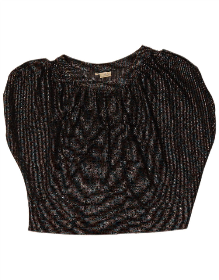 Top in camicetta a pipistrello corto da donna vintage UK 14 medio nero screziato