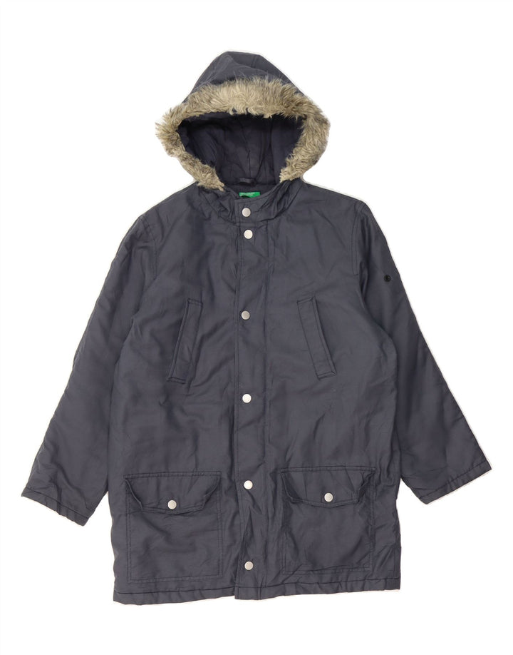BENETTON Boys Hooded Padded Jacket 11-12 Years XL Navy Blue Polyester Vintage Benetton and Second-Hand Benetton from Messina Hembry 