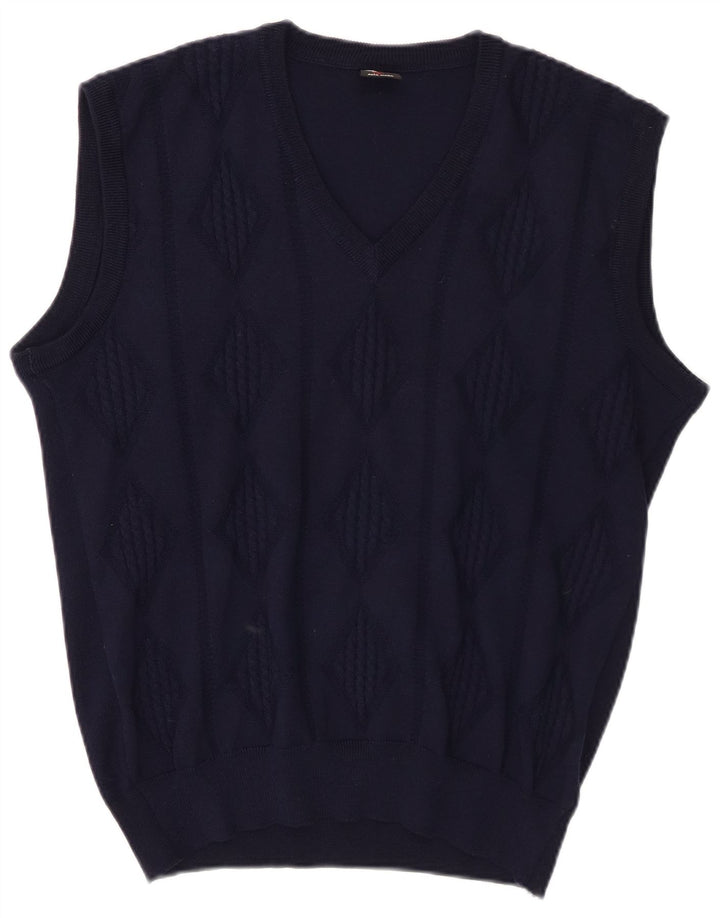 Canottiera vintage da uomo canotta media blu navy a rombi/diamante in lana vergine