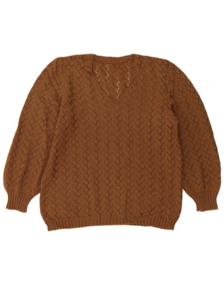 Maglione maglione vintage da donna con scollo a V UK 14 Marrone medio