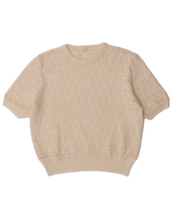 Maglione vintage da donna a maniche corte girocollo UK 12 medio bianco sporco