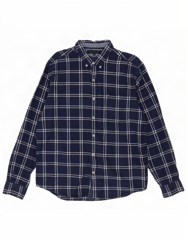 Tommy Hilfiger Camicia da uomo in flanella dal taglio vintage, grande, in cotone a quadri blu navy