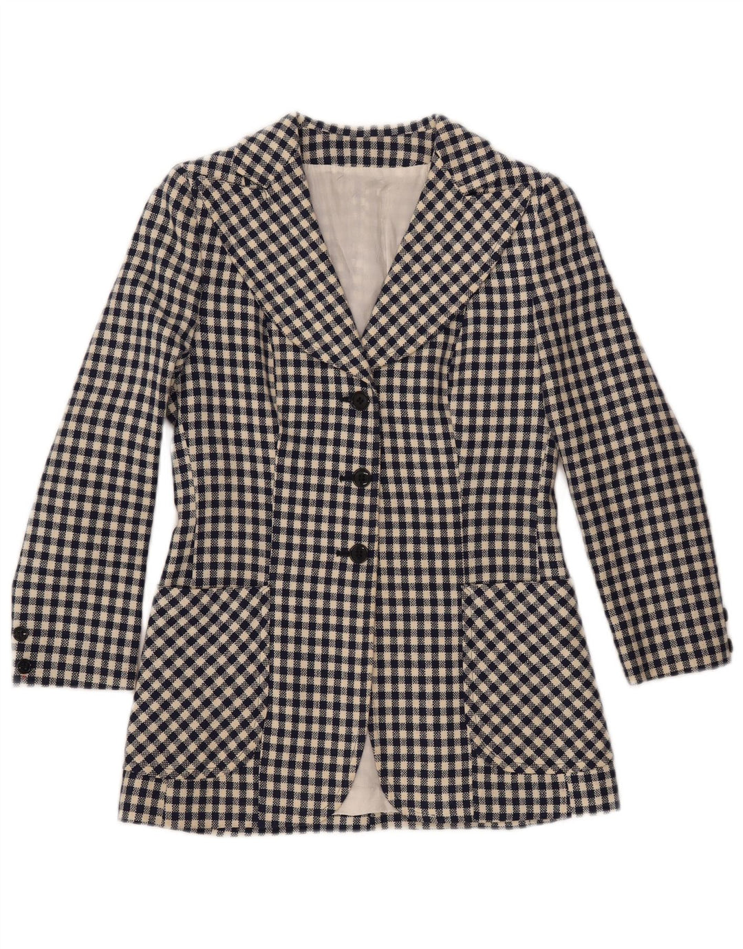 Giacca blazer da donna a 3 bottoni VINTAGE UK 10 piccola a quadretti blu navy