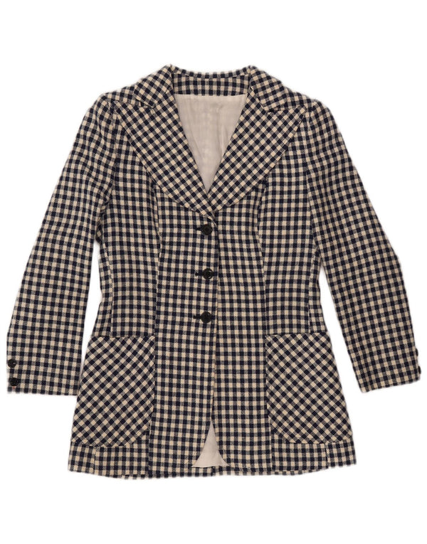 Giacca blazer da donna a 3 bottoni VINTAGE UK 10 piccola a quadretti blu navy