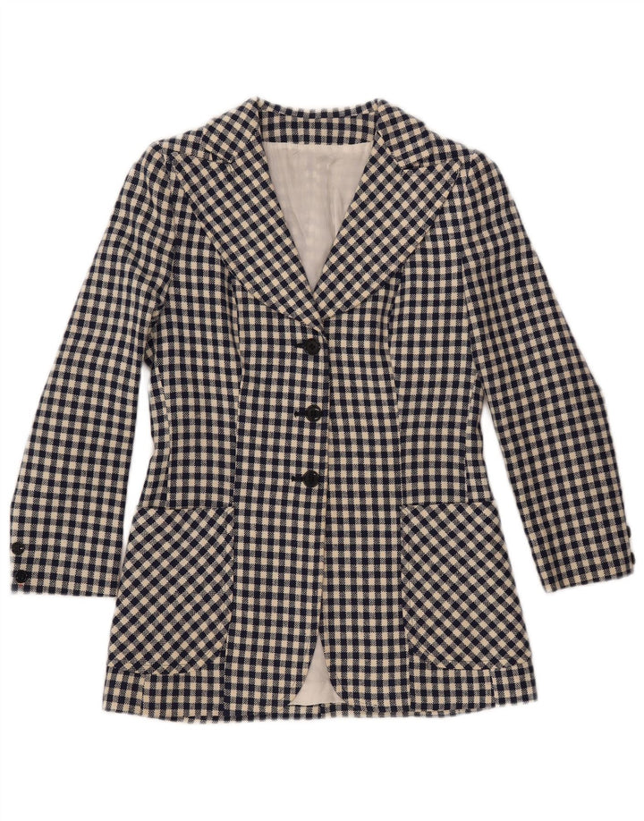 Giacca blazer da donna a 3 bottoni VINTAGE UK 10 piccola a quadretti blu navy