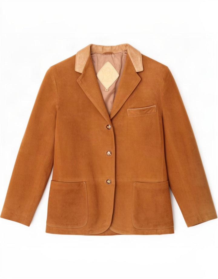 Giacca blazer vintage da donna in pelle scamosciata a 3 bottoni IT 44 Colorblock beige medio