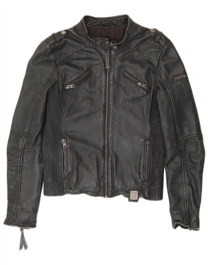 Giacca da motociclista in pelle da donna Tigha UK 10 Piccola pelle di pecora nera