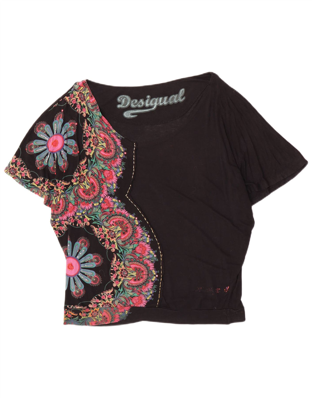 Desigual Donna Camicetta a Pipistrello Top UK 16 Grande Nero Floreale