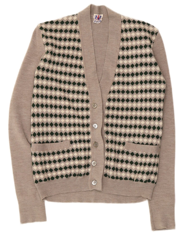 Maglione cardigan da donna vintage UK 8 piccolo beige geometrico