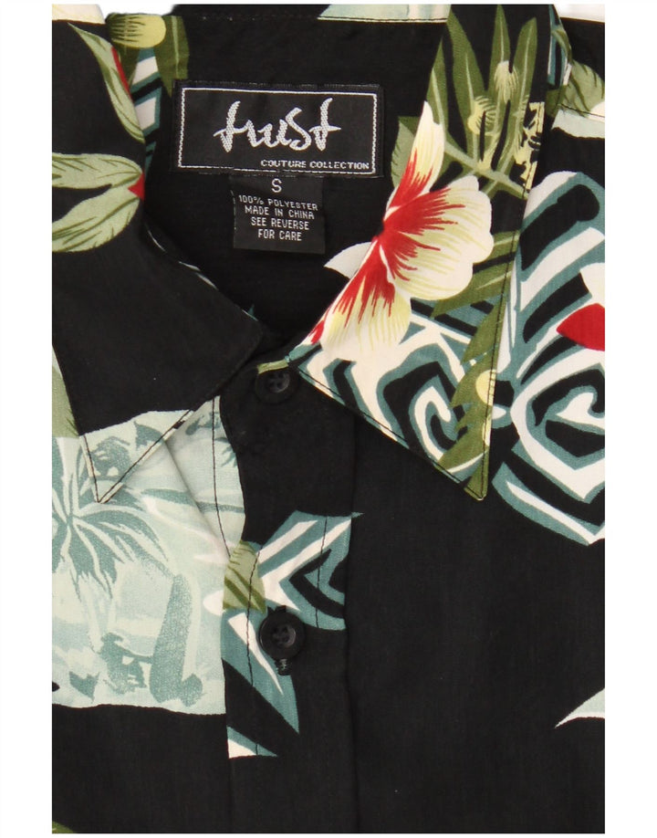 Camicia vintage da uomo a maniche corte piccola hawaiana in poliestere floreale nero