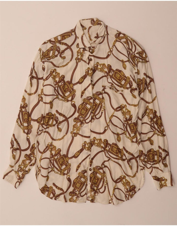 Camicetta da donna con motivo astratto VINTAGE UK 14 grande viscosa bianca