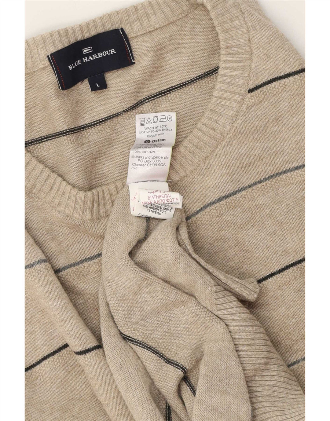 Maglione girocollo da uomo Blue Harbour, in cotone a righe beige di grandi dimensioni