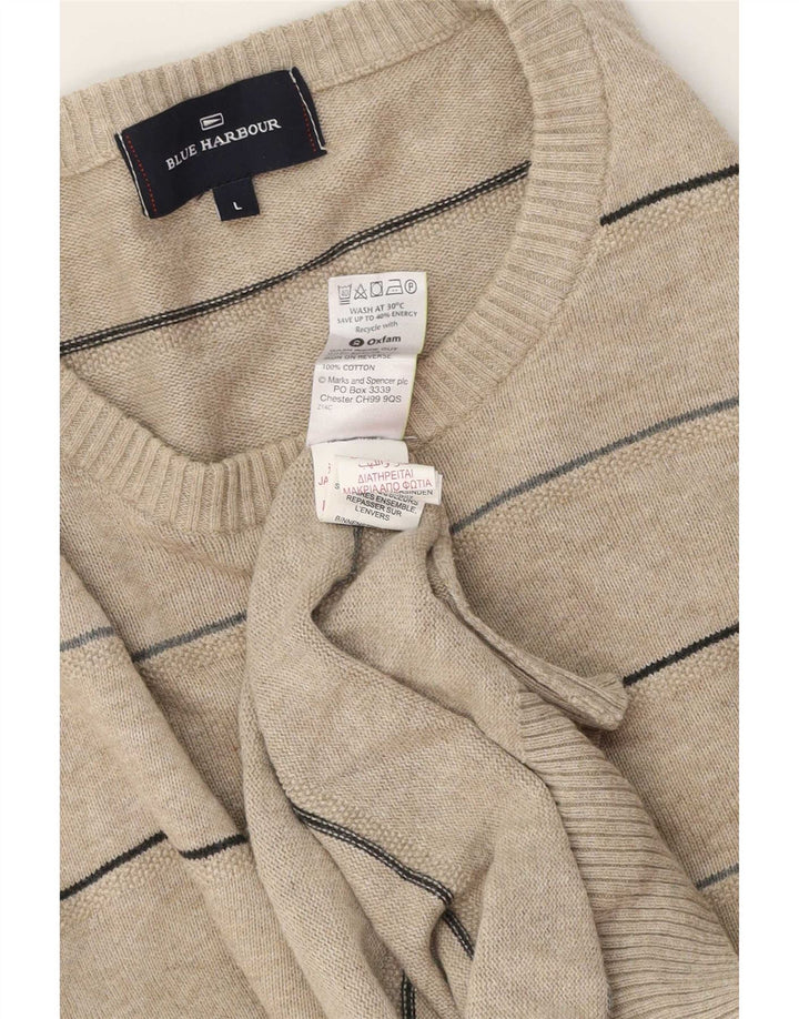 Maglione girocollo da uomo Blue Harbour, in cotone a righe beige di grandi dimensioni