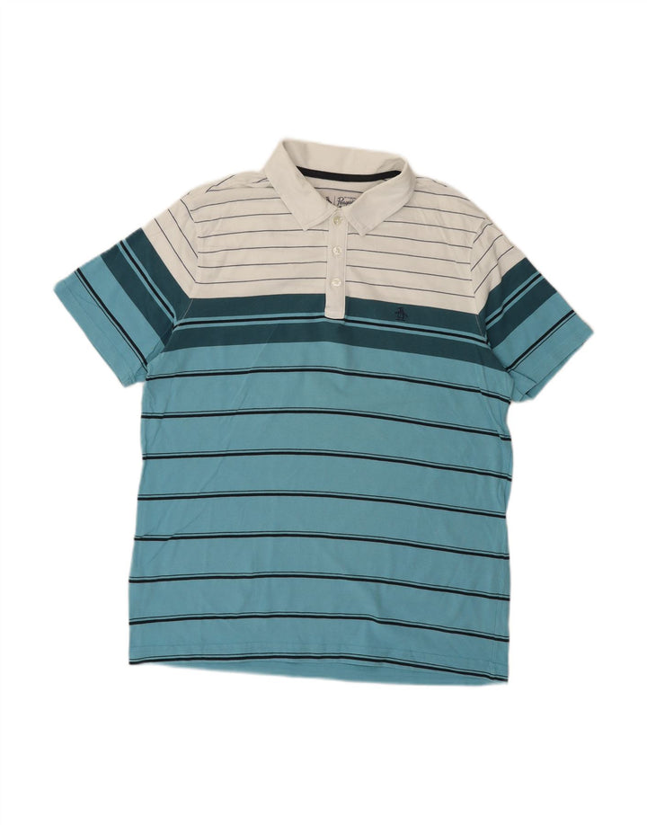 PENGUIN Mens Polo Shirt Medium Blue Striped Cotton