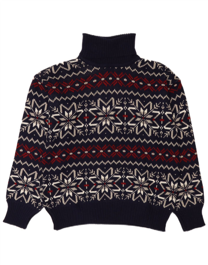 Maglione vintage da uomo con collo alto e collo alto, grande, blu navy, Fair Isle