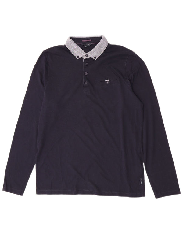 Ted Baker Mens Long Sleeve Polo Shirt Size 4 Large Navy Blue Cotton