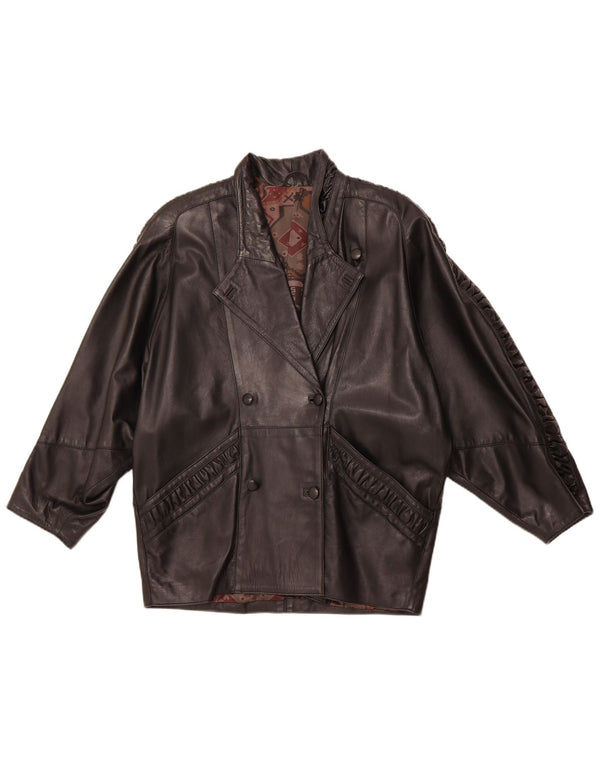 Giacca in pelle doppio petto da donna VINTAGE UK 16 grande pelle nera