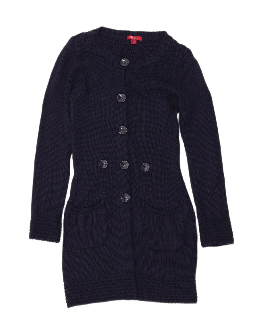 MONSOON Maglione cardigan lungo da donna UK 8 piccolo acrilico blu navy