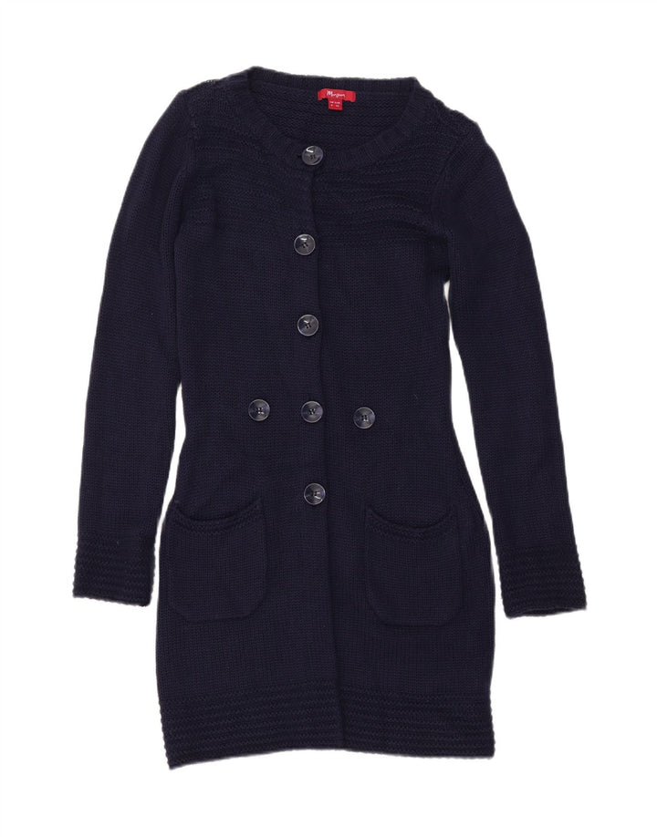 MONSOON Maglione cardigan lungo da donna UK 8 piccolo acrilico blu navy