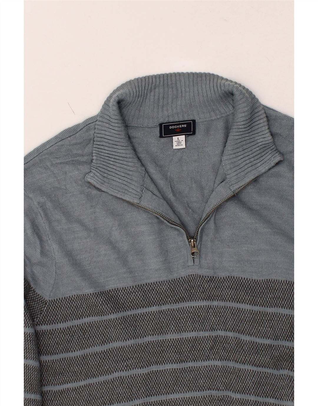 DOCKERS Mens Zip Neck Jumper Sweater Large Blue Striped Acrylic Vintage Dockers and Second-Hand Dockers from Messina Hembry 