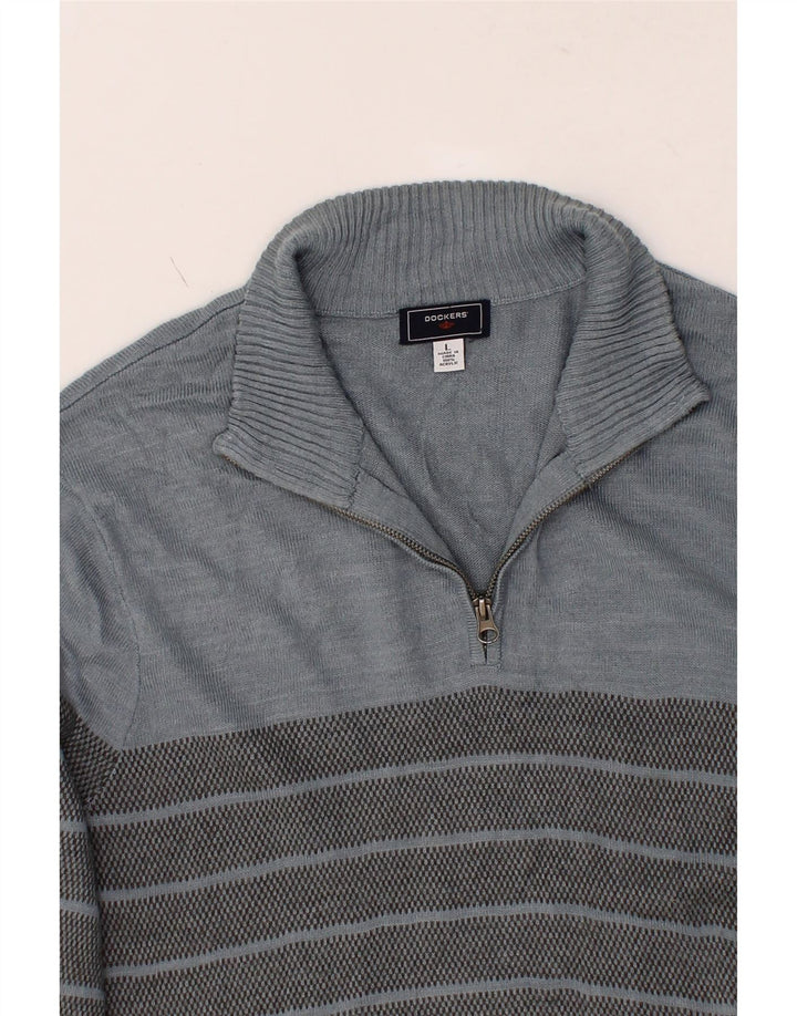 DOCKERS Mens Zip Neck Jumper Sweater Large Blue Striped Acrylic Vintage Dockers and Second-Hand Dockers from Messina Hembry 
