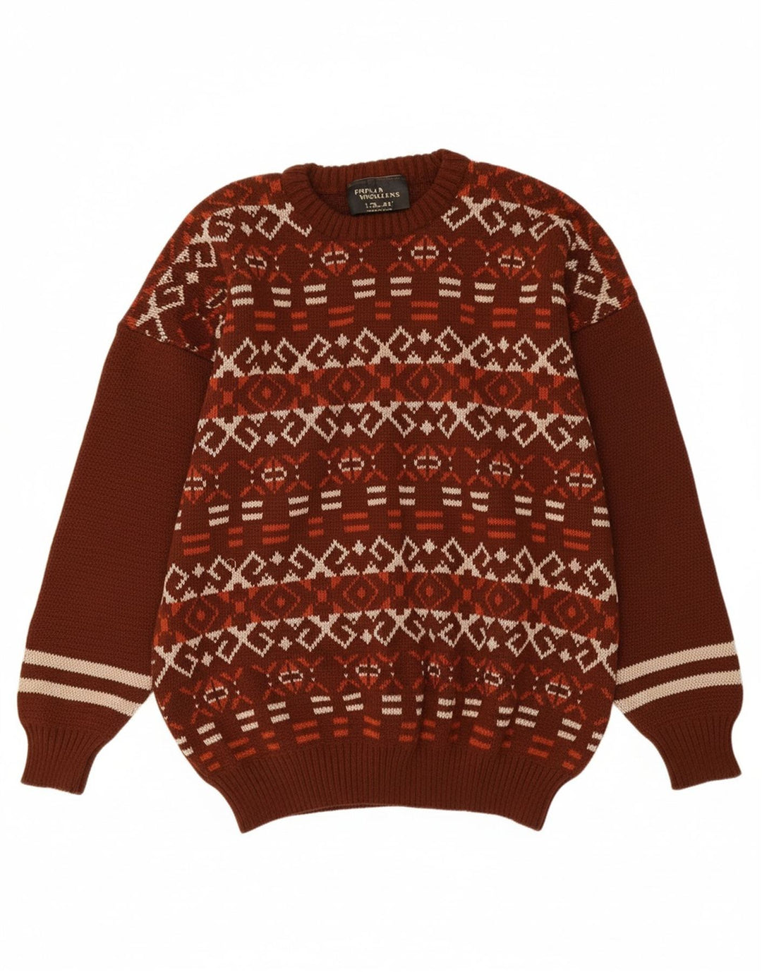 POPLAR WOOLLENS Mens Crew Neck Jumper Sweater Medium Brown Fair Isle
