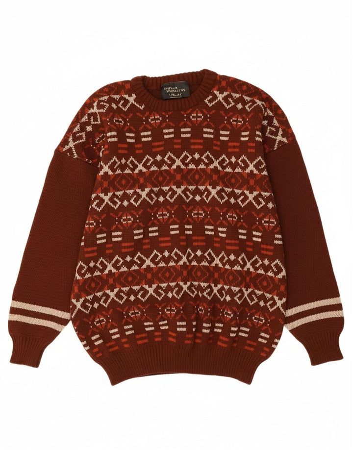 POPLAR WOOLLENS Mens Crew Neck Jumper Sweater Medium Brown Fair Isle