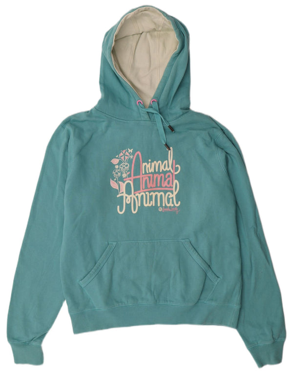 ANIMAL Womens Graphic Hoodie Jumper UK 16 Large  Blue Cotton