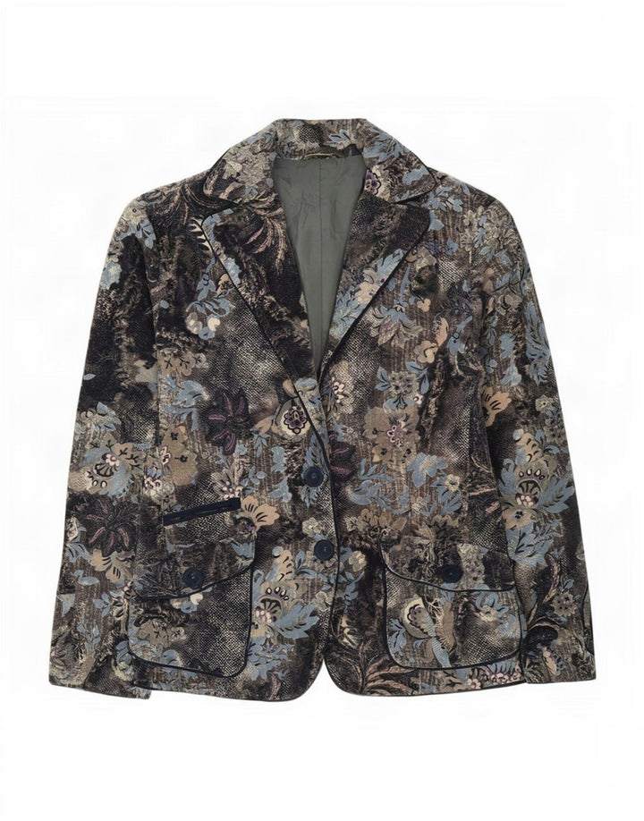 Giacca blazer vintage da donna a 2 bottoni UK 16 grande cotone floreale blu navy