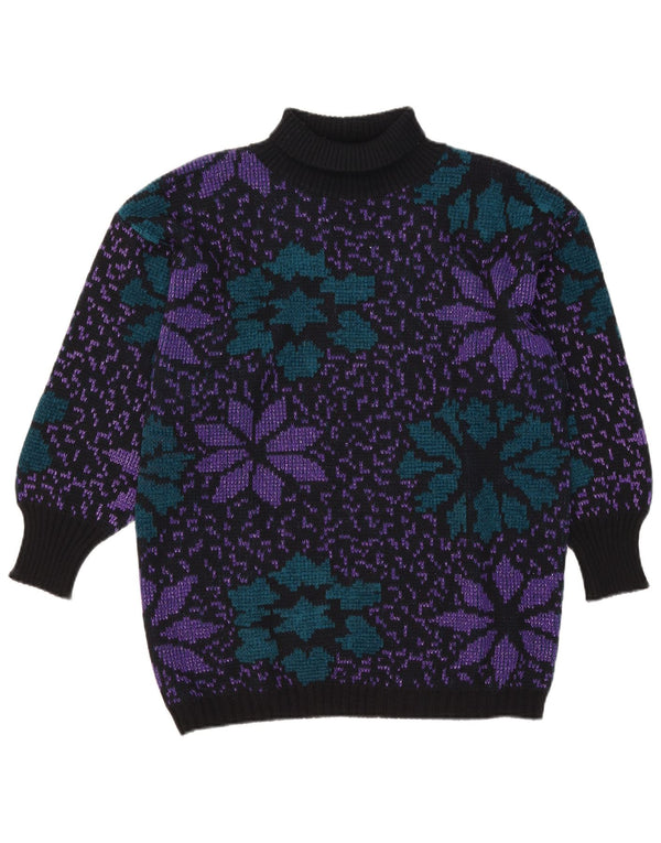 Maglione maglione vintage da donna con collo alto UK 16 grande motivo floreale nero