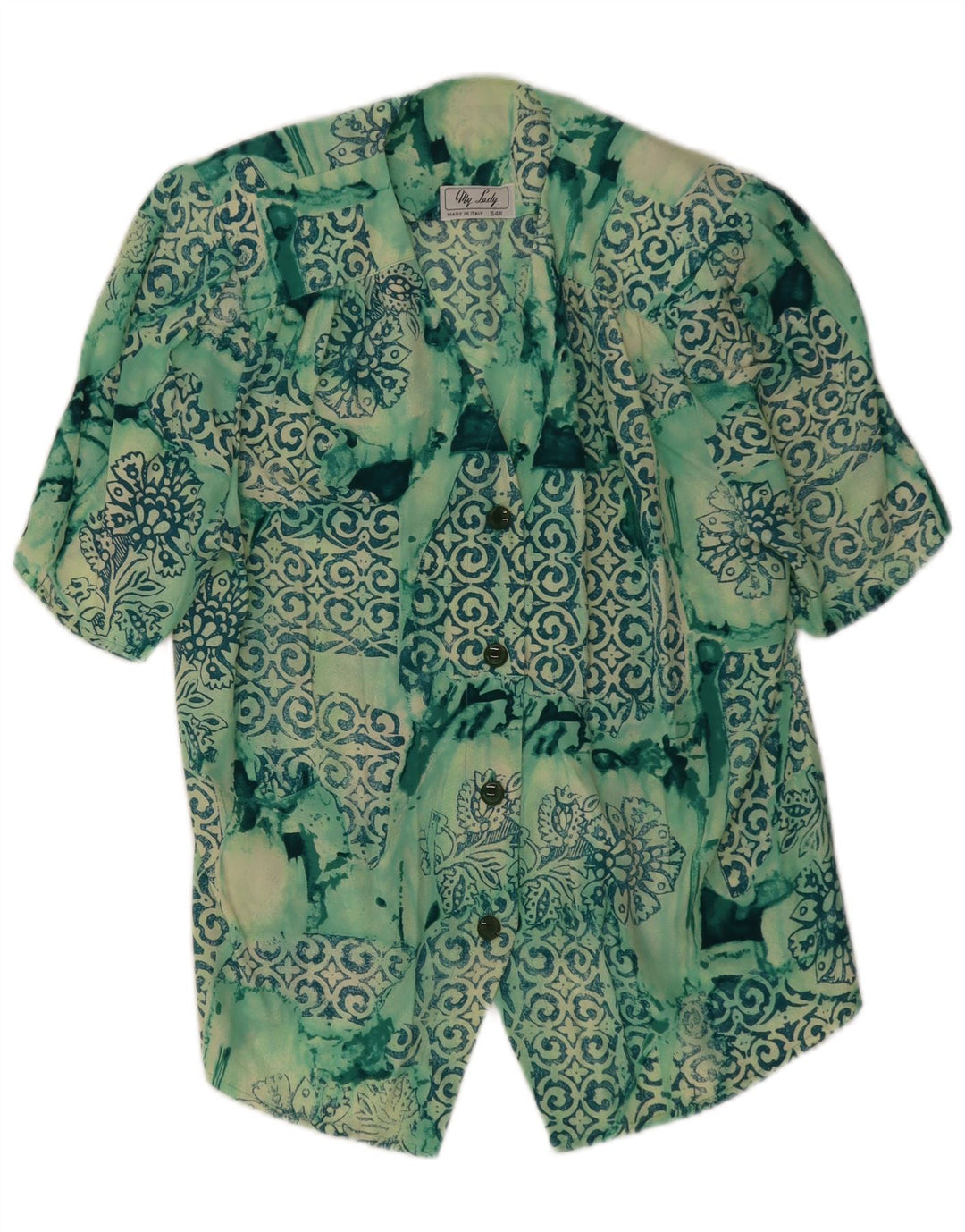 Camicetta camicia a maniche corte da donna vintage UK 14 Patchwork verde medio