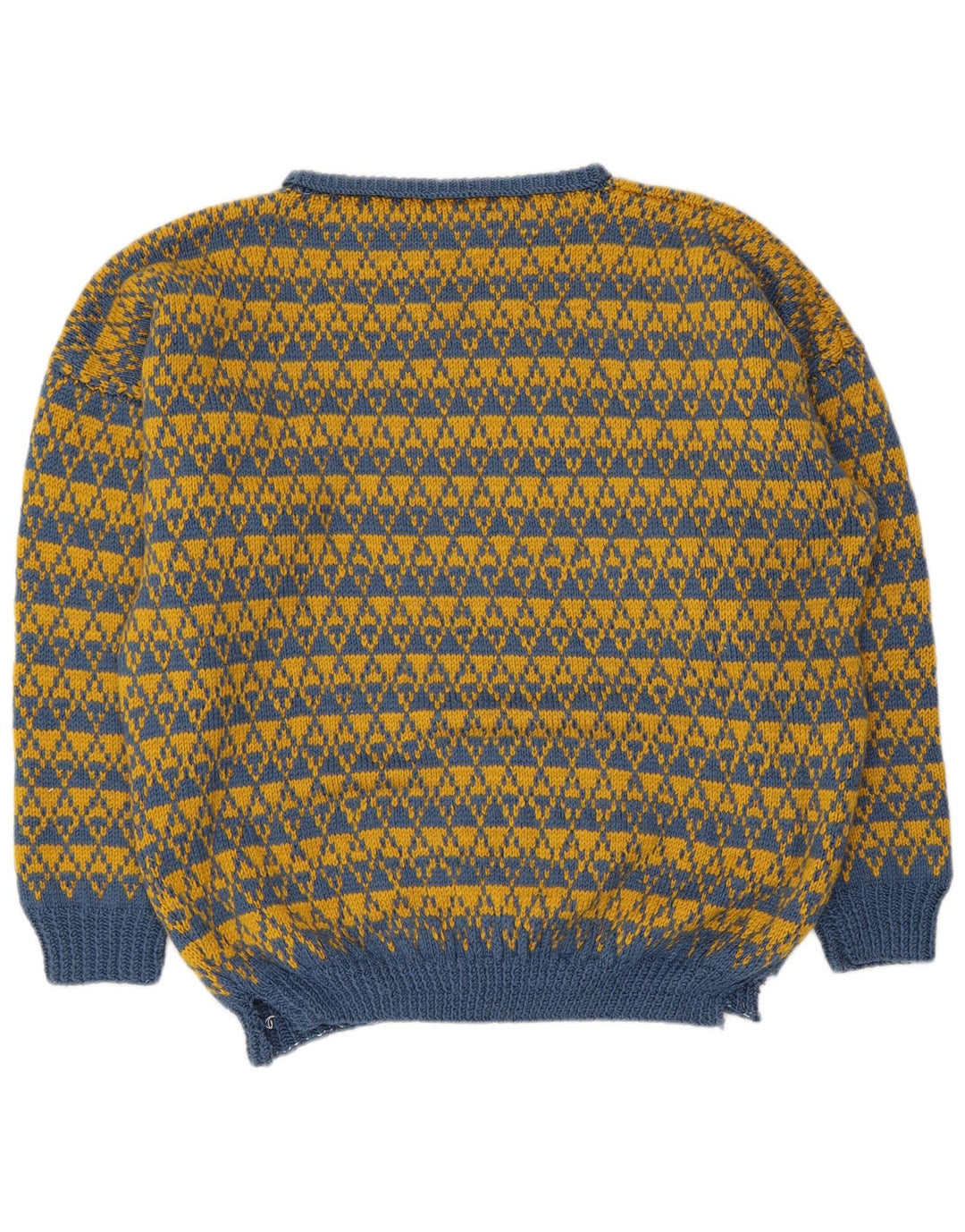 Maglione vintage da uomo con scollo a barca, grande blu geometrico