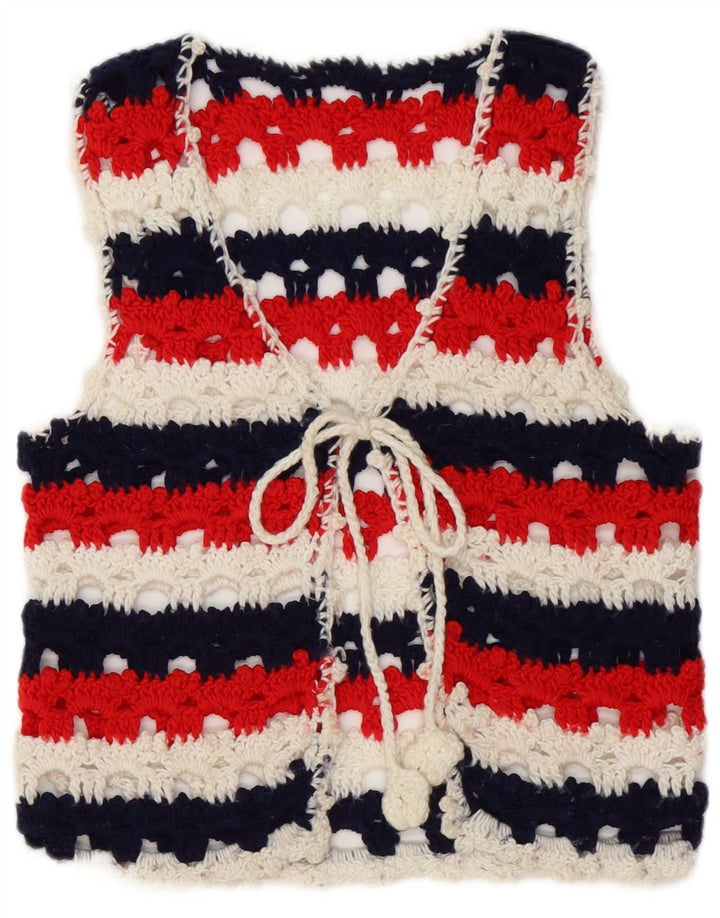 Maglione cardigan senza maniche vintage da donna UK 8 piccole righe multicolori