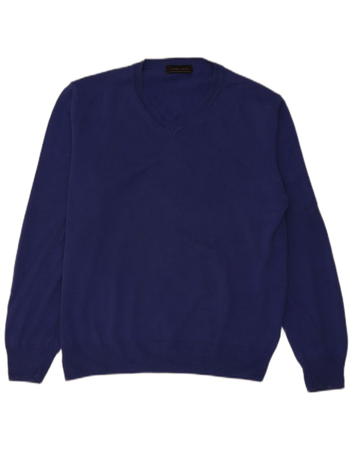 Maglione Zara da uomo con scollo a V grande blu