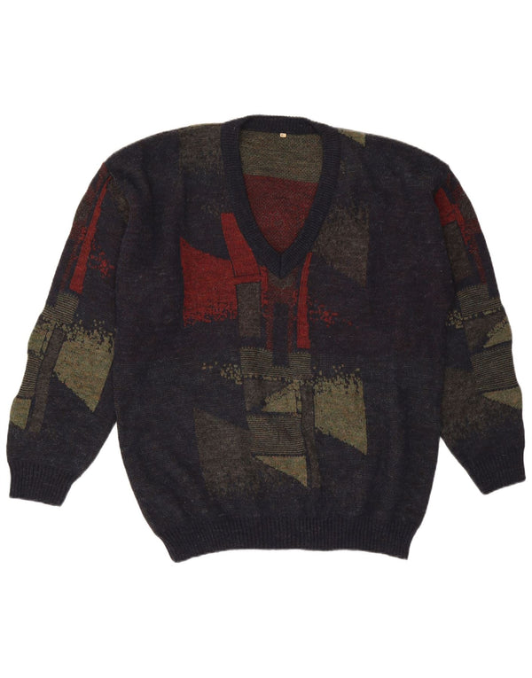 Maglione vintage da uomo con scollo a V XL in lana geometrica blu navy