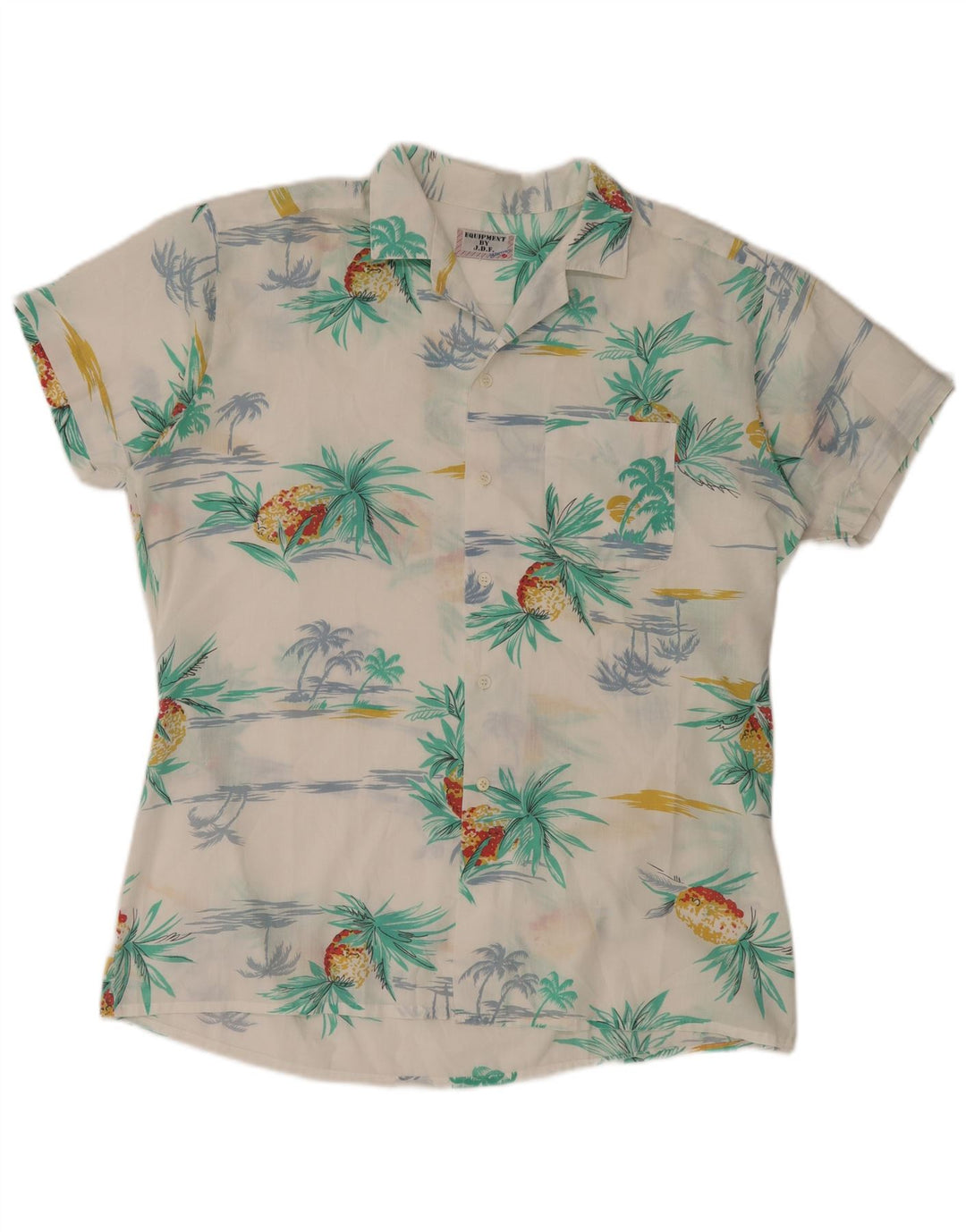 Camicia vintage da uomo a maniche corte hawaiana in poliestere bianco medio