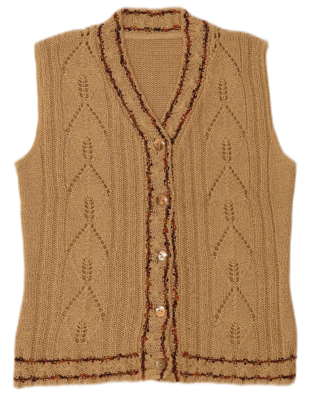 Maglione cardigan senza maniche vintage da donna UK 12 Marrone medio