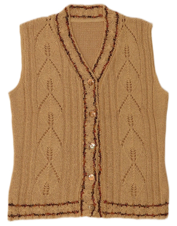 Maglione cardigan senza maniche vintage da donna UK 12 Marrone medio