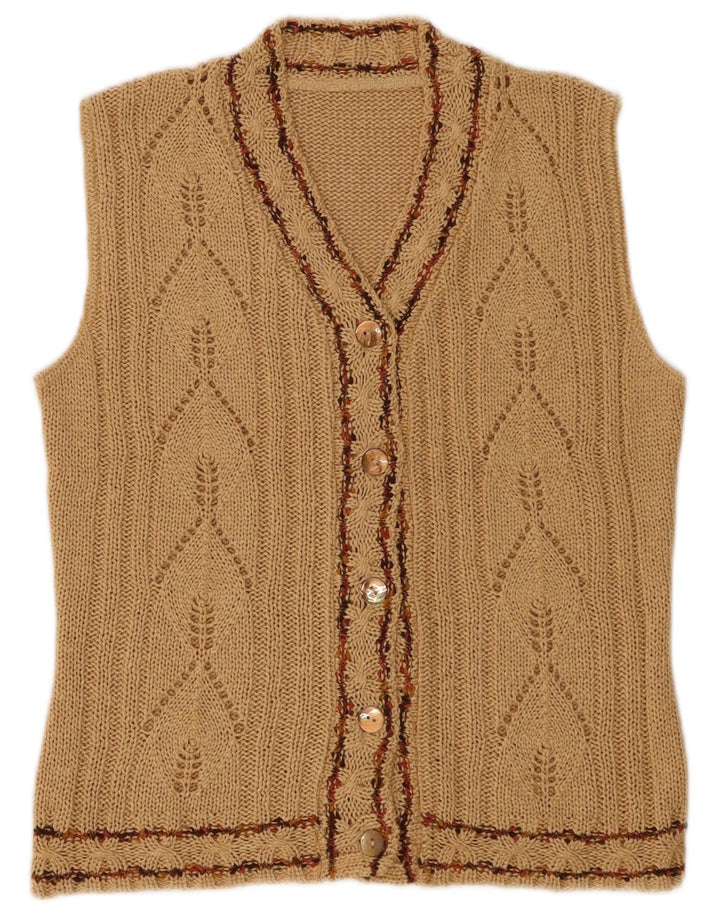 Maglione cardigan senza maniche vintage da donna UK 12 Marrone medio