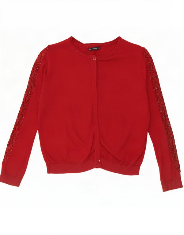 Zara Womens Crop Oversized Cardigan Sweater UK 10 Small Red Nylon