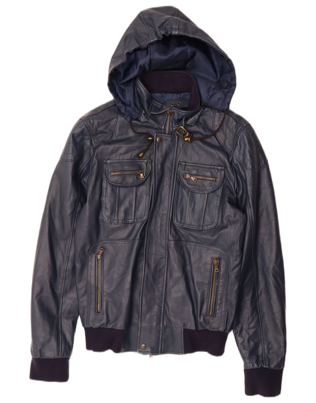 Giacca in pelle con cappuccio da donna VINTAGE UK 14 grande in pelle blu navy