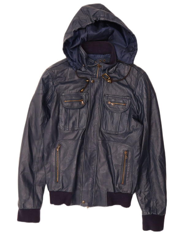 Giacca in pelle con cappuccio da donna VINTAGE UK 14 grande in pelle blu navy