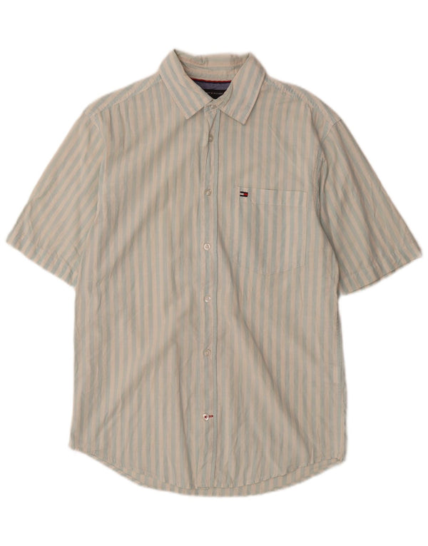 Camicia a maniche corte da uomo Tommy Hilfiger piccola in cotone a righe blu