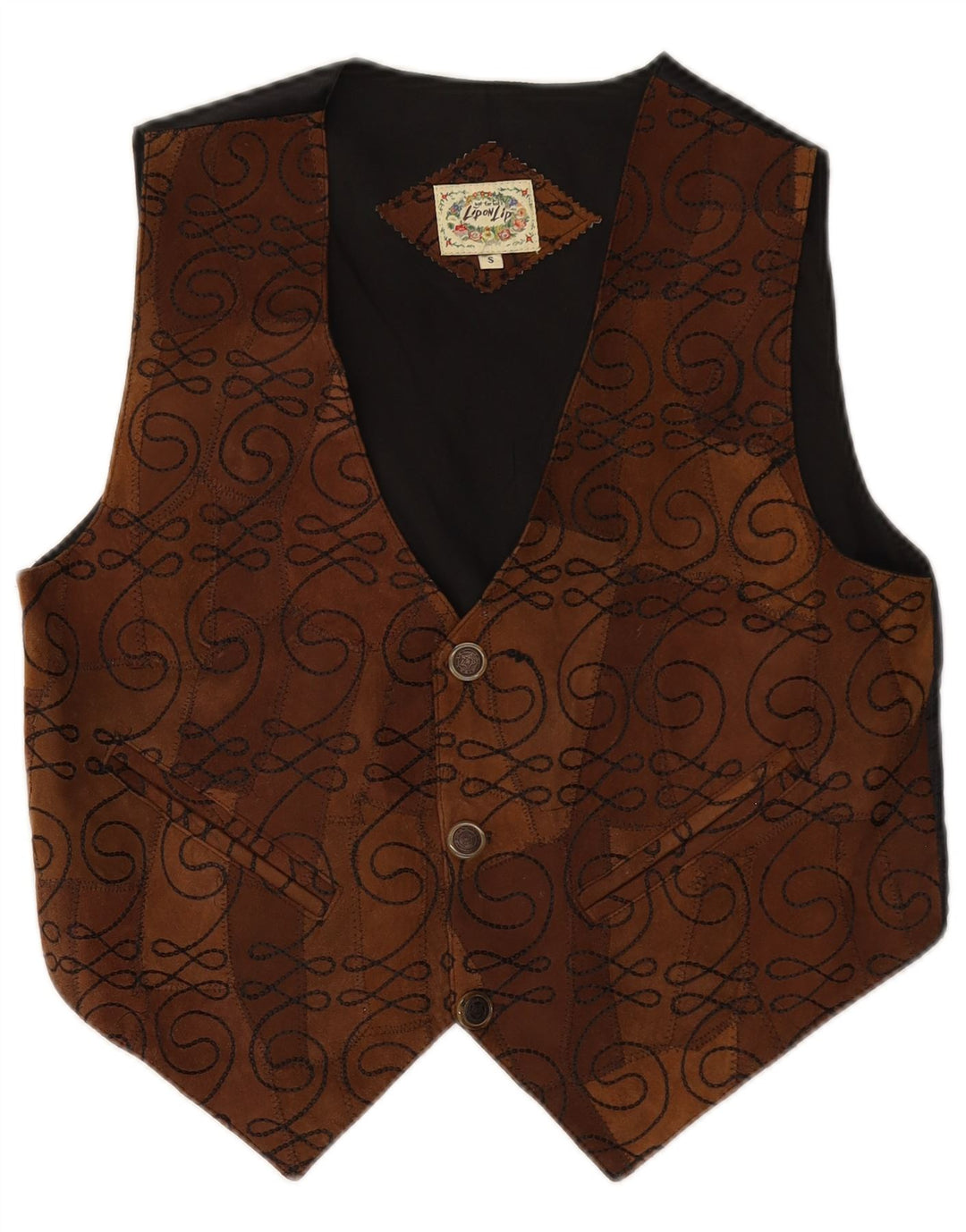 Gilet da uomo in pelle scamosciata VINTAGE piccolo in pelle Paisley marrone