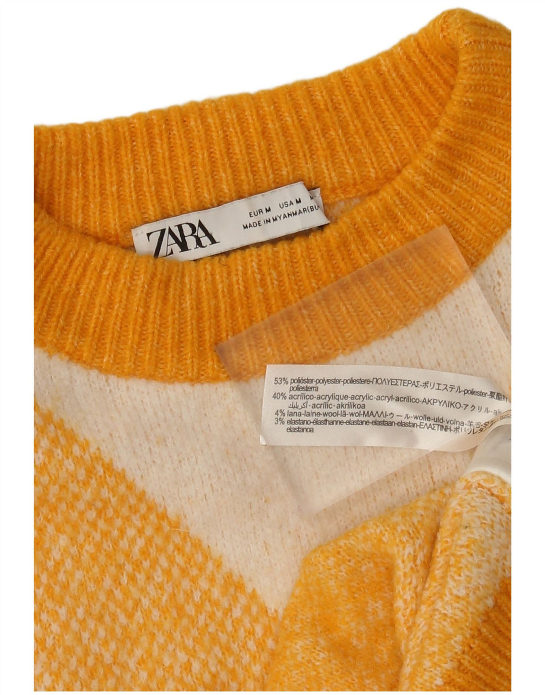 Maglione maglione girocollo da donna Zara UK 14 giallo medio a rombi/diamante