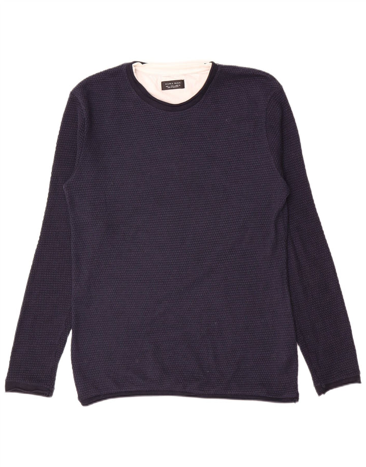 Maglione maglione girocollo da uomo Zara grande in poliestere blu navy