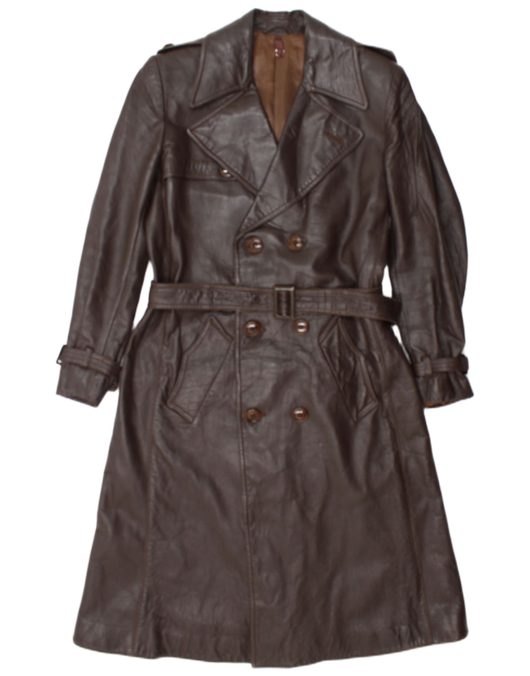 Cappotto vintage da donna in pelle doppio petto IT 52 2XL Marrone