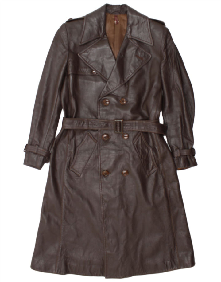 Cappotto vintage da donna in pelle doppio petto IT 52 2XL Marrone